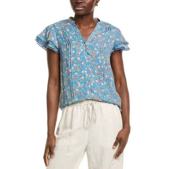 Nanette Lepore Tops - Nanette Lepore Blue Floral Ruffle Sleeve V-Neck Blouse Top Womens XL RN 103715
